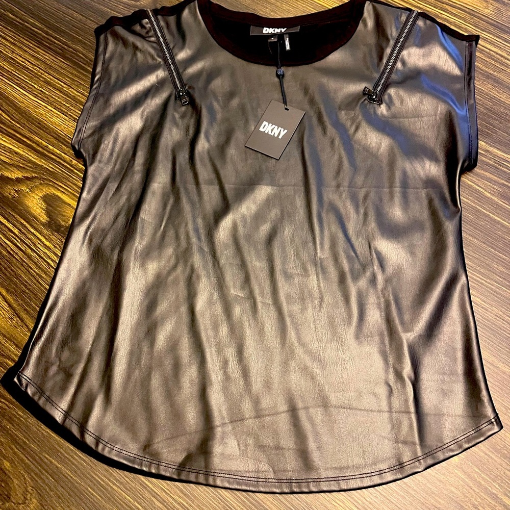 NWT Black DKNY  faux leather zip shoulder short sleeve top.